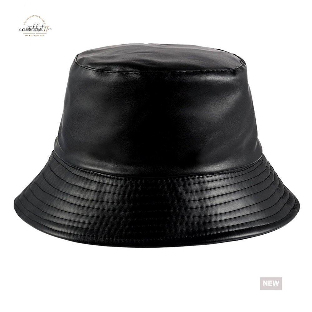 Adjustable PU Leather Bucket Hat Foldable for Outdoor Hiking Fishing